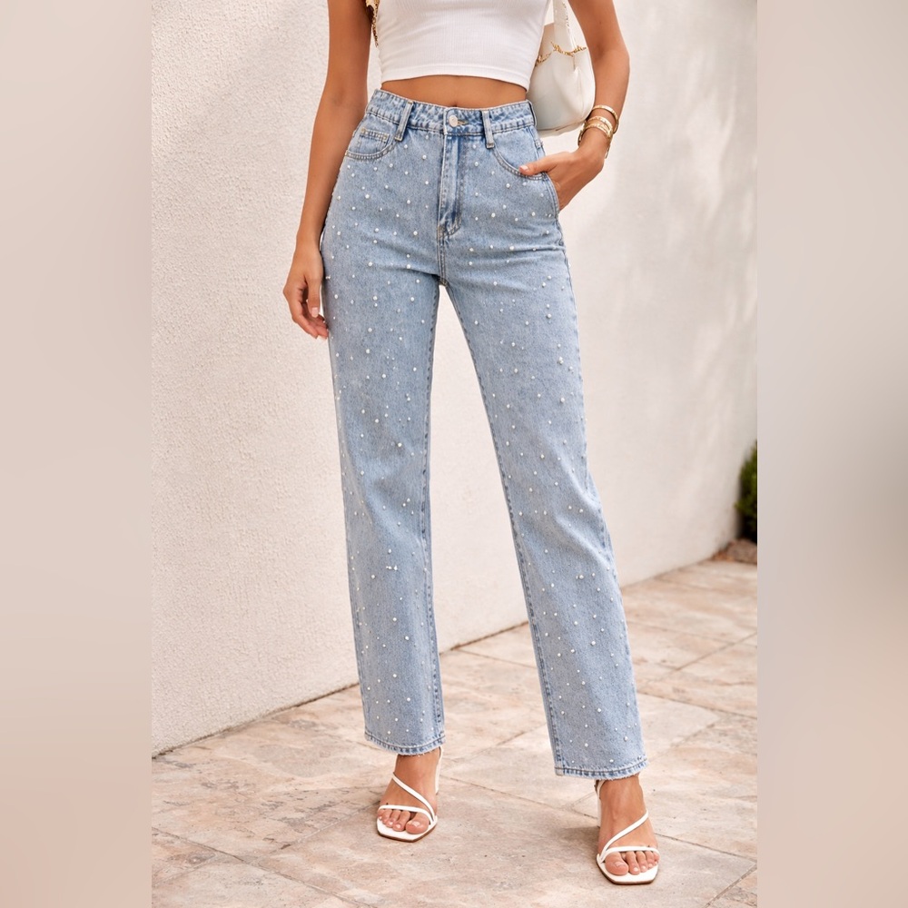 Pearl embellished straight leg statement jeans S coquette feminine spring - Picture 3 of 11